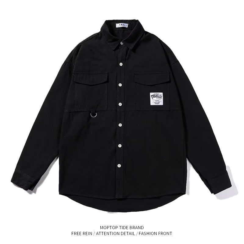 WHXS工装外套男士春秋款宽松日系复古纯棉男上衣衬衫式翻领夹克男