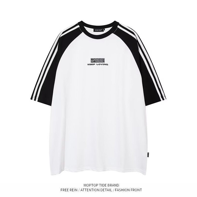 美式复古高街条纹撞色运动短袖T恤男女潮牌休闲宽松情侣半袖上衣