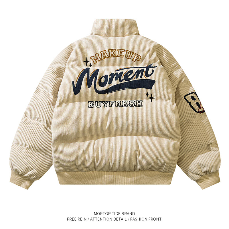 WH先生美式灯芯绒刺绣立领棉服男女潮牌宽松面包服情侣外套棉衣