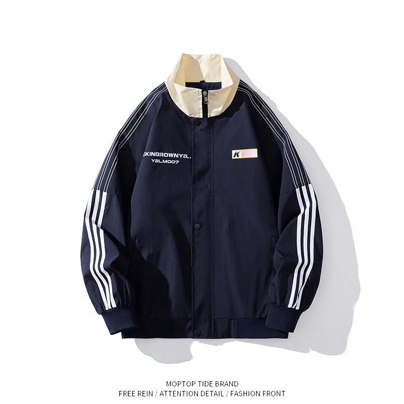 WH先生学院风运动外套男春秋美式潮复古oversize三条杠棒球服夹克