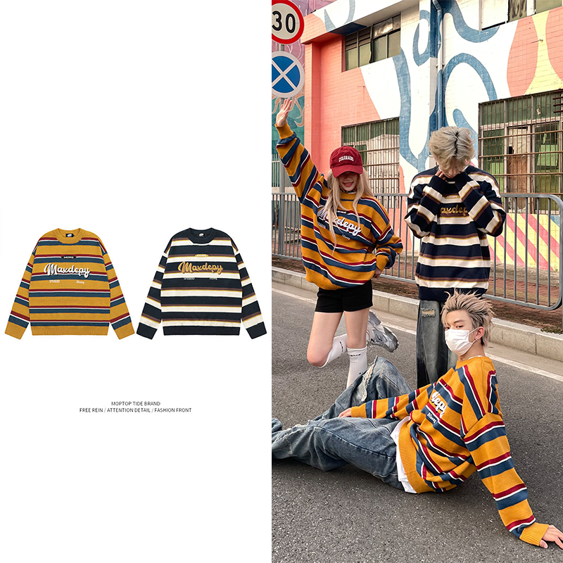 WHXS美式复古条纹字母提花毛衣秋季款宽松百搭休闲针织衫