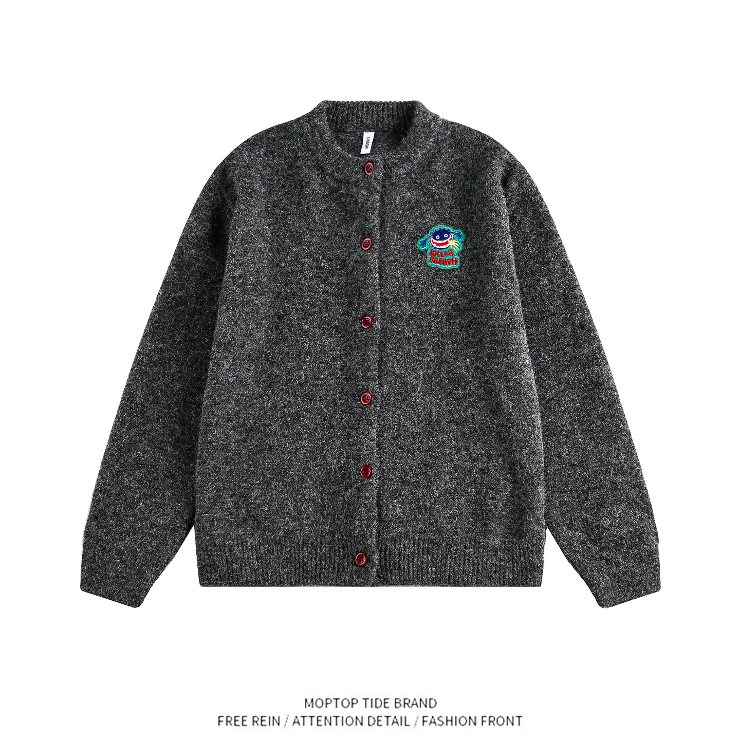 WHXS复古刺绣高级感开衫毛衣男慵懒风灰色情侣休闲针织衫外套