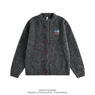 WHXS复古刺绣高级感开衫毛衣男慵懒风灰色情侣休闲针织衫外套