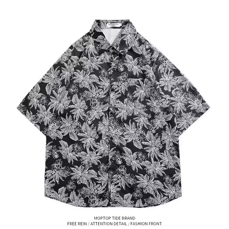 意系老牌夏威夷热带植物印花拼接纯棉修身休闲微宽松OS短袖衬衫男