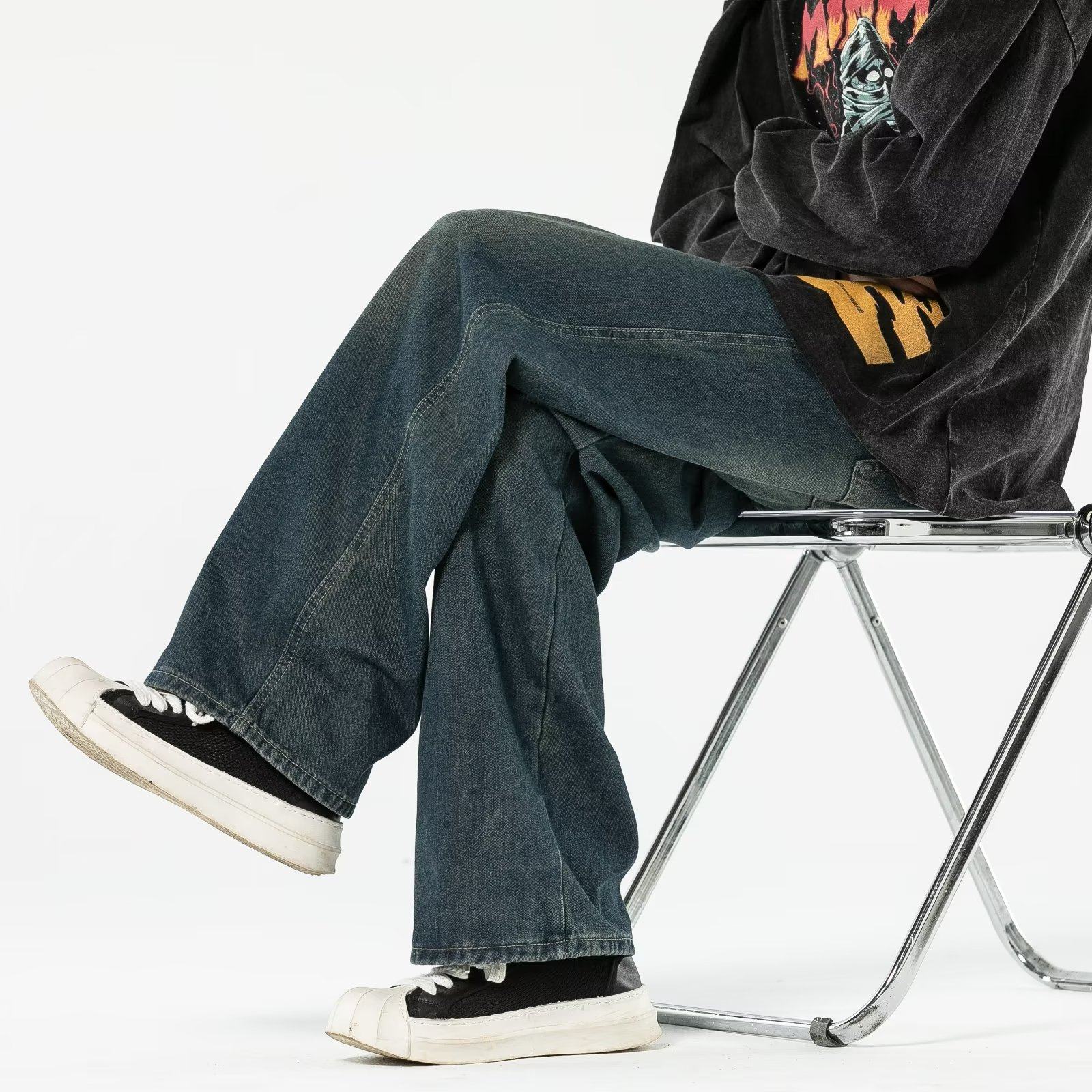 国潮复古蓝水洗牛仔裤男士痞帅韩版春秋季宽松水洗直筒阔腿拖地裤