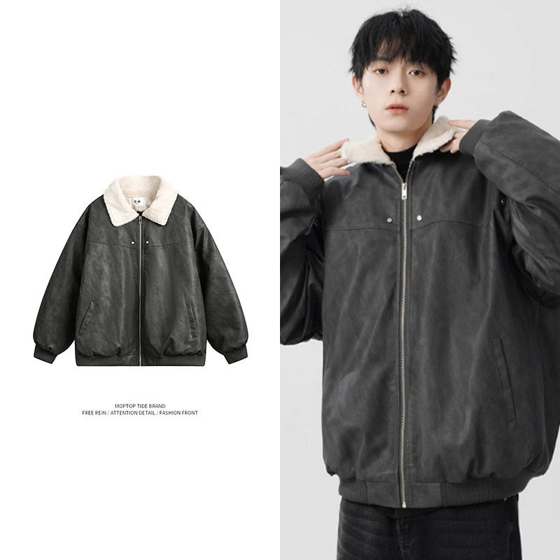PU皮羊羔绒夹克棉服男女冬季加厚保暖翻领棉衣美式保暖工装外套