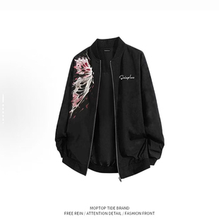 WH先生港式复古印花棒球领夹克男春秋宽松高街风外套