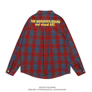 WH先生美式复古红蓝撞色格纹长袖衬衫男女2024新款慵懒情侣外套