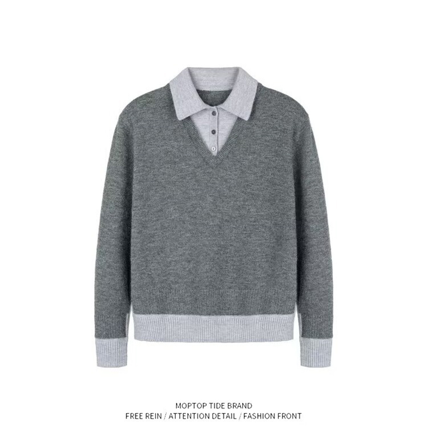 休闲内搭针织衫男款上衣长袖polo衫男高级感时尚拼接假两件毛衣男