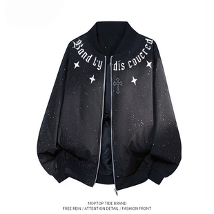 WH先生港式潮流满天星印花夹克男春秋宽松翻领拉链外套百搭设计感