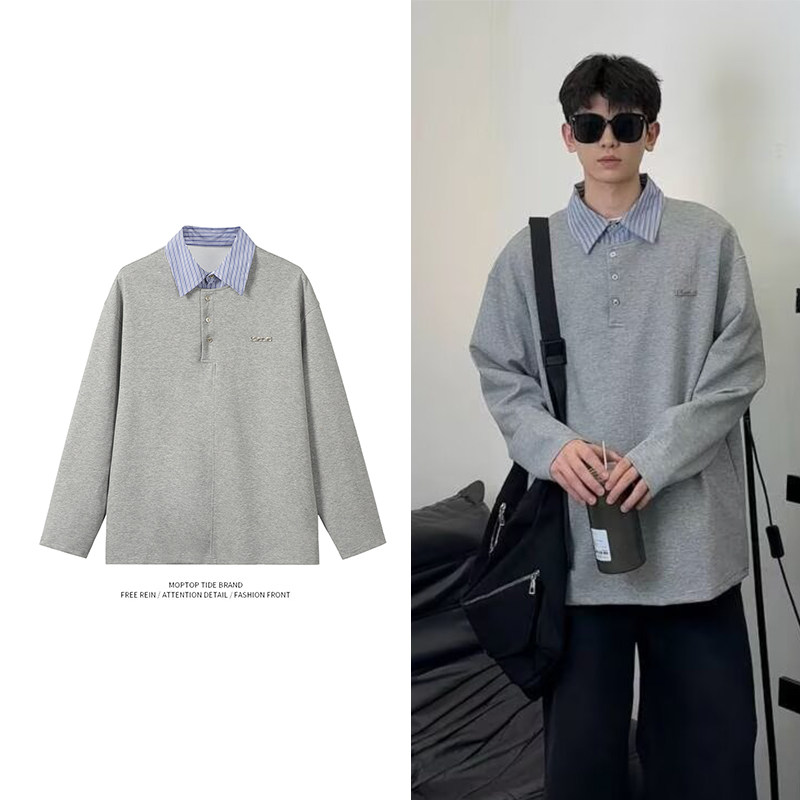 WH先生假两件拼接polo衫男女春秋季高级感宽松长袖t恤情侣装上衣