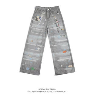 WH时尚烫钻绣花拖地牛仔裤女男长裤2026年春秋高腰百搭直筒阔腿裤