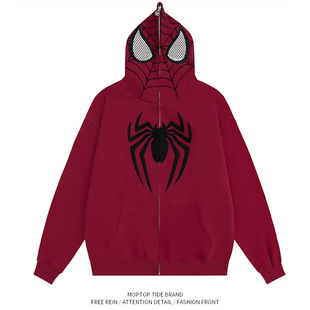 WHXS美式复古小众设计感蜘蛛侠连帽卫衣拉链开衫男女街头宽松外套