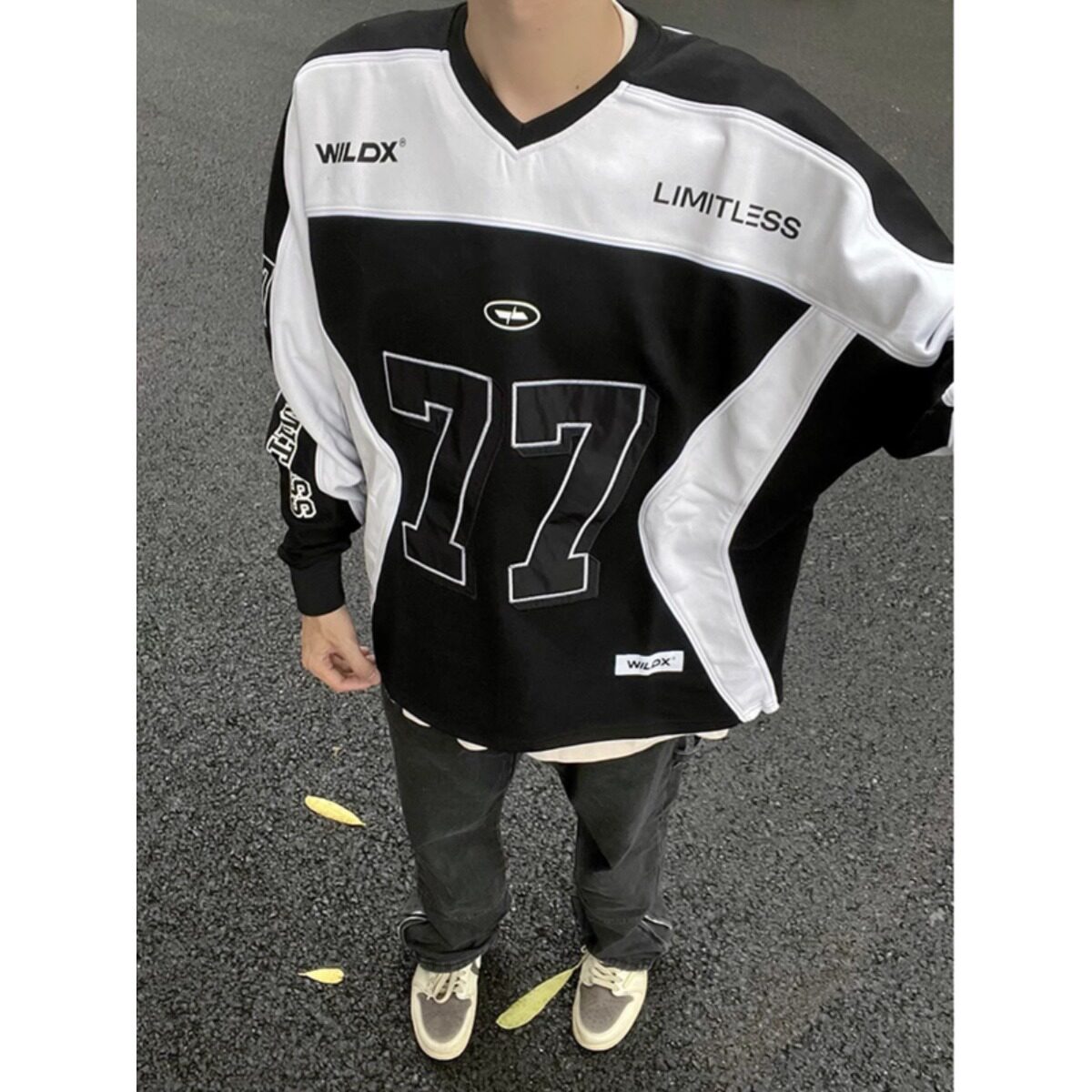 WH先生美式重磅硬挺机车服卫衣男春秋撞色拼接无帽衫cleanfit赛车