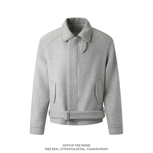 绑带立领外套男款秋冬季加厚美式复古保暖毛呢夹克高级感短款大衣