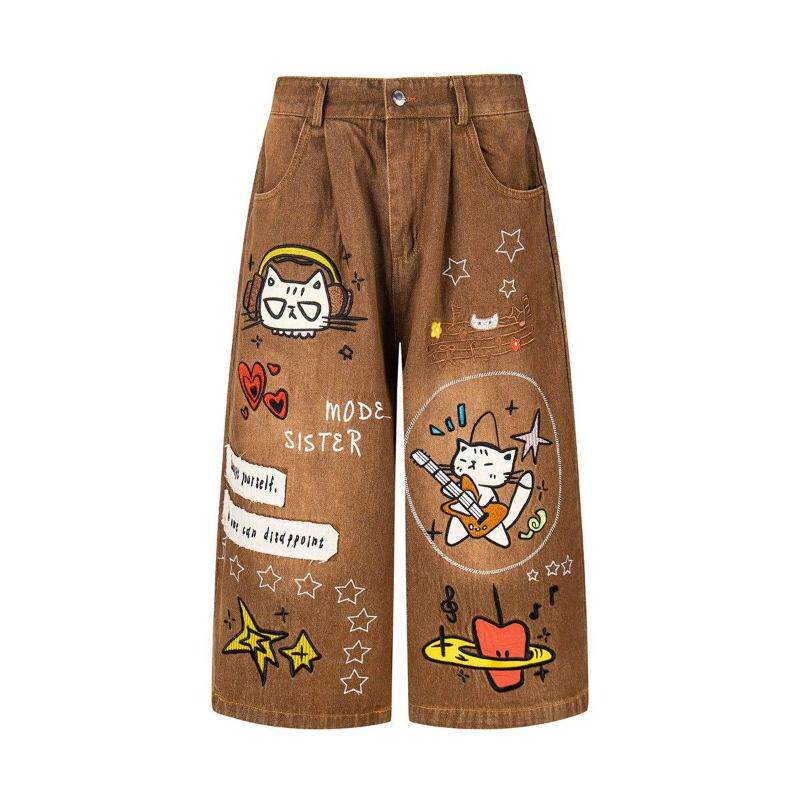 美式卡通猫咪刺绣牛仔七分裤男情侣宽松阔腿裤趣味休闲裤