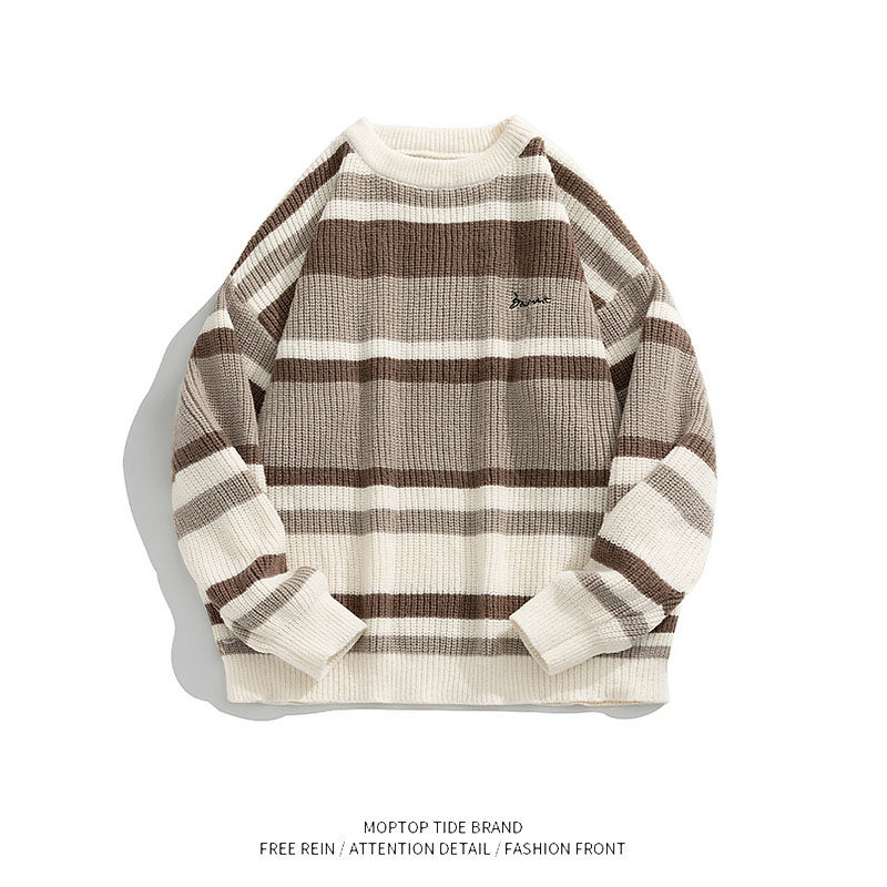 WHXS复古日系条纹情侣针织衫男女潮牌宽松慵懒风套头百搭毛衣