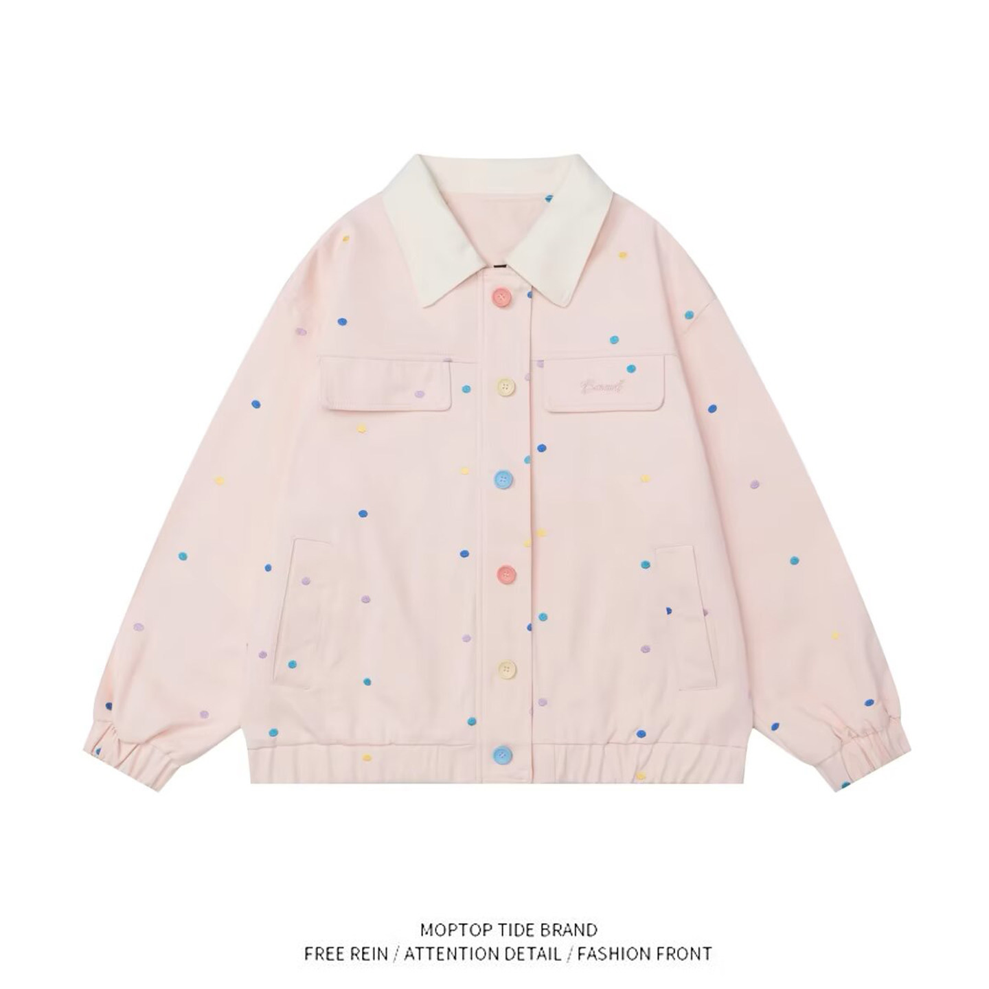 WH先生多巴胺自制彩色波点夹克开衫女春季甜美宽松百搭翻领外套