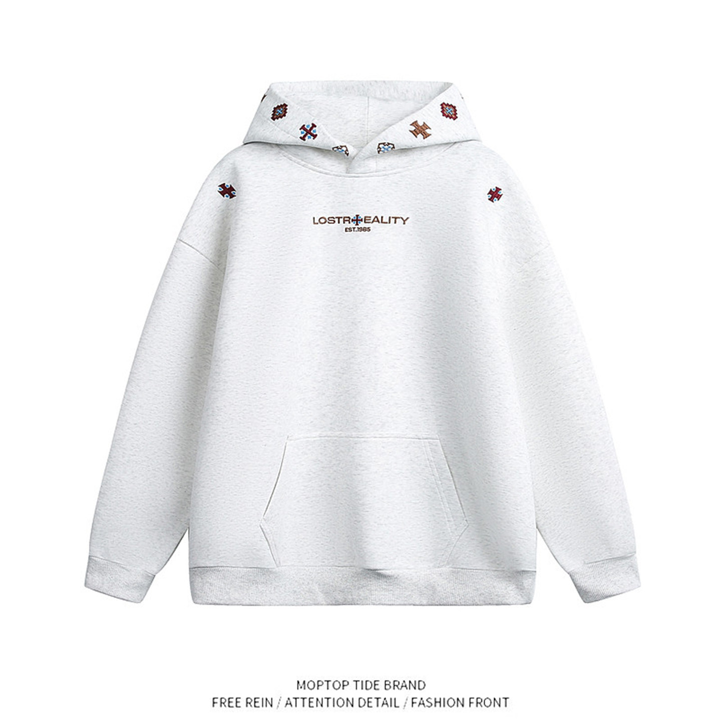 WH先生潮牌复古民族风刺绣连帽卫衣男美式高街宽松百搭运动帽衫