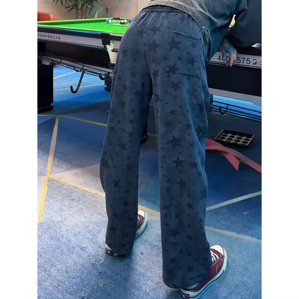 WH先生藏青色美式星星印花卫裤男款春季垂感直筒休闲裤子cleanfit