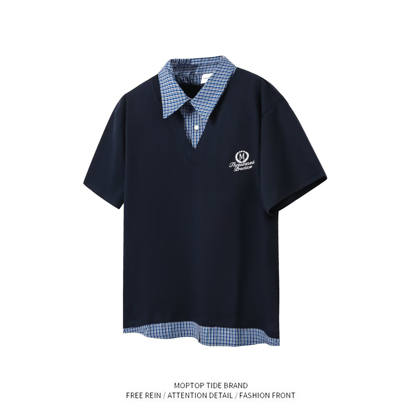 夏季设计感小众日系polo衫短袖T恤男女宽松高级感假两件衬衫体恤