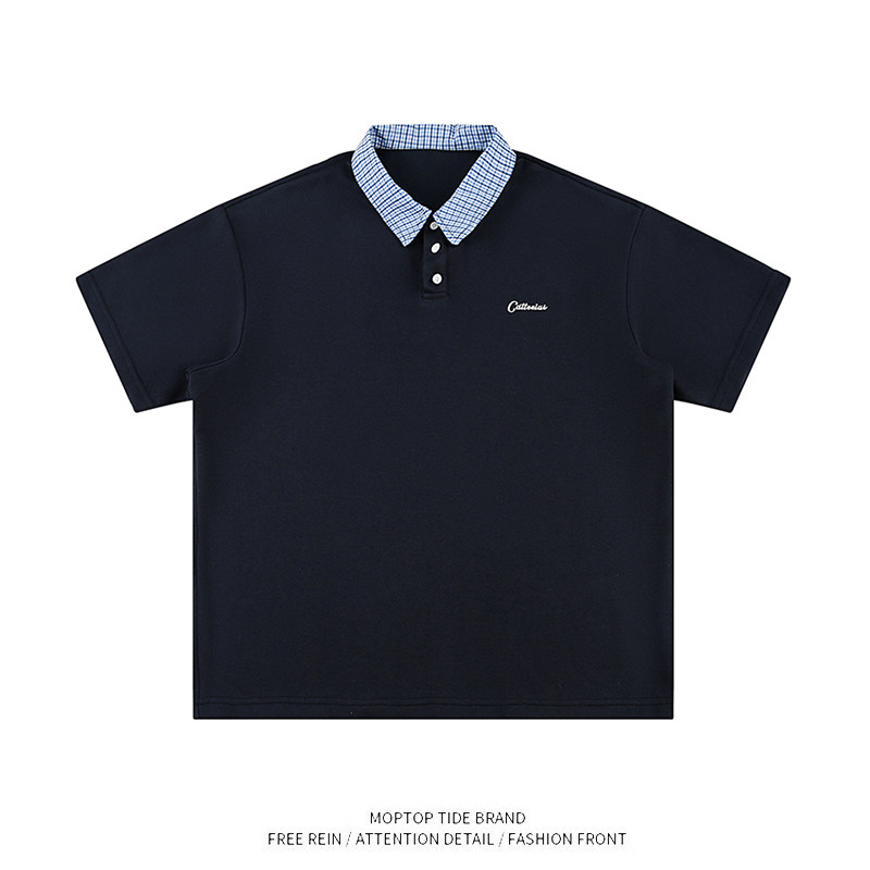 WH先生撞色格子拼接短袖t恤男女夏韩系慵懒风宽松polo领上衣