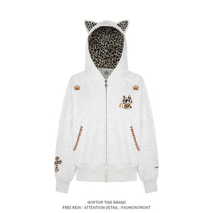 WH先生美式小恶魔短款正肩连帽卫衣男女豹纹刺绣拉链外套潮