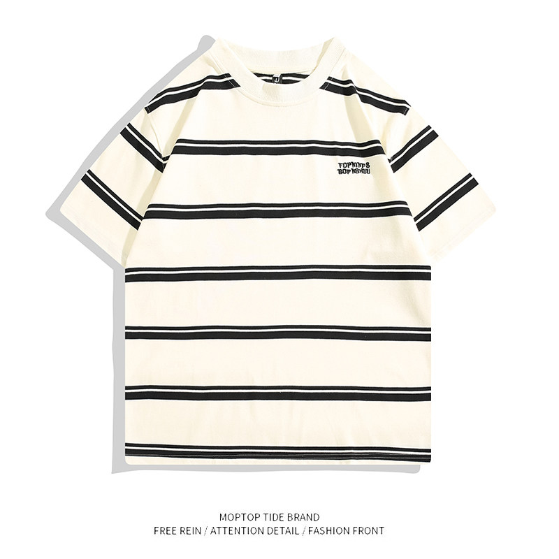 WH先生刺绣条纹T恤夏季日系清新简约百搭纯棉青少年男女潮短袖