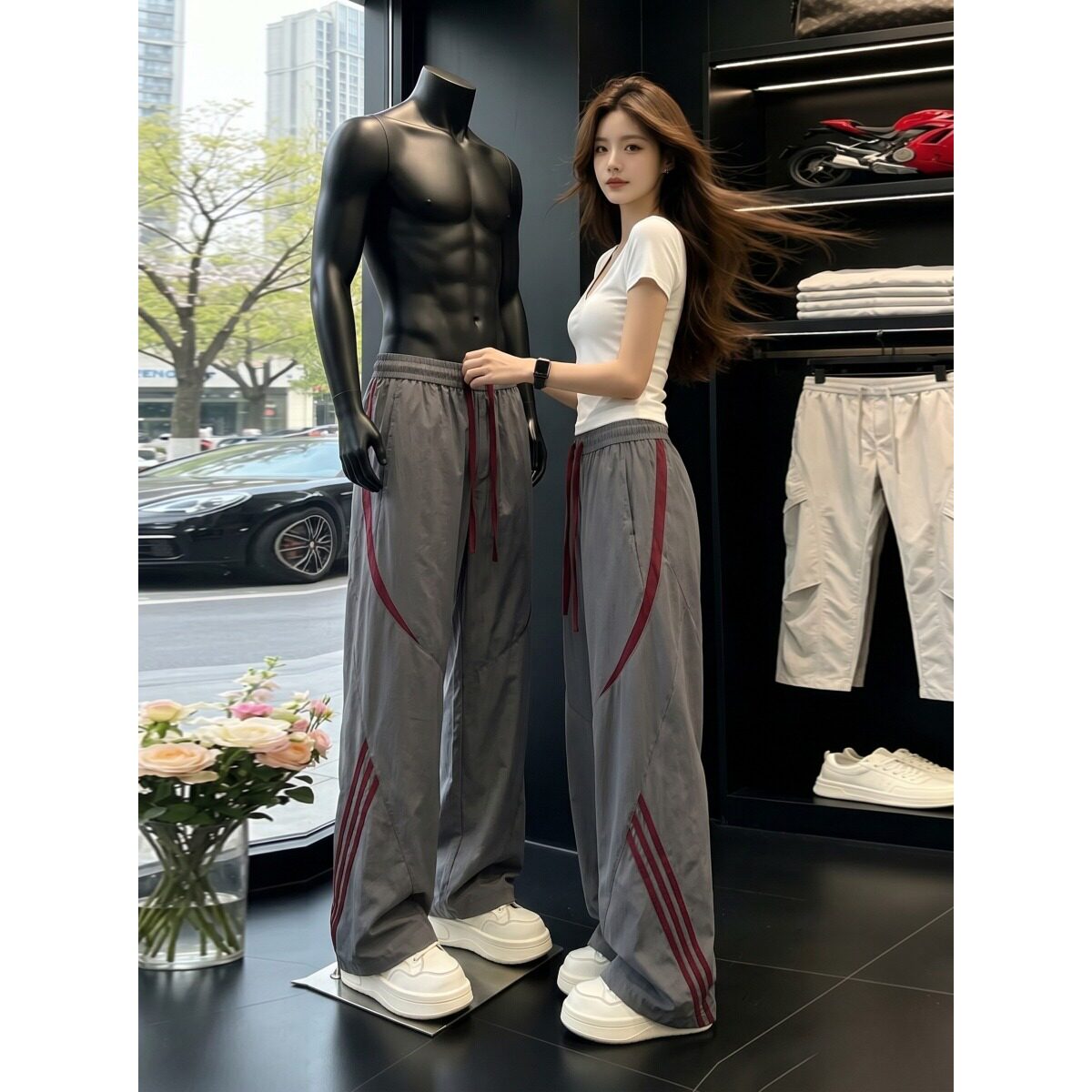 WH先生深灰色三条杠冰丝裤子男女夏季薄款拼接撞色速干运动裤直筒