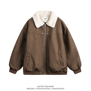 WH先生冬季复古羊羔绒翻领皮衣夹克棉服男潮牌宽松保暖百搭外套