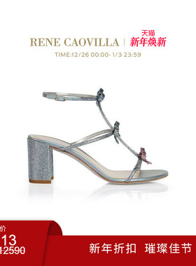 【新年折扣】RENE CAOVILLA CATERINA系列蓝色蝴蝶结粗跟凉鞋