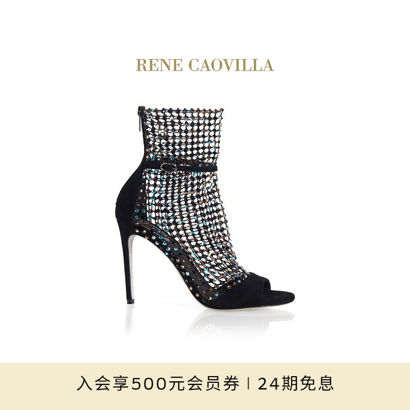 【礼物】RENE CAOVILLA GALAXIA 黑色水钻细高跟女士凉鞋