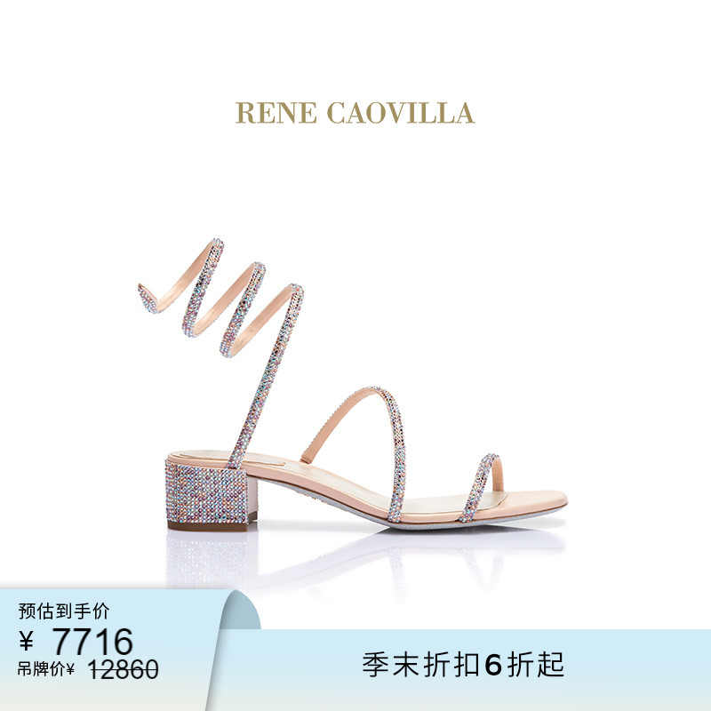 【季末7折】RENE CAOVILLA CLEO系列粗跟水钻女士凉鞋