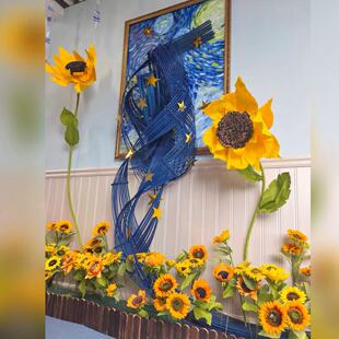 幼儿园星空梵高主题环创班级星星竹排吊饰蓝色系科技馆环境布置