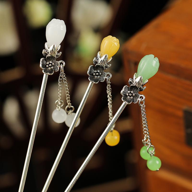 仿和田玉花苞发簪金属感花瓣合金发钗女古装汉服流苏步摇盘发发饰