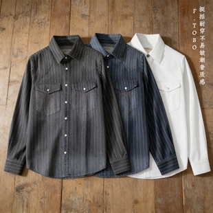 风刺绣宽松长袖 做旧日系条纹衬衫 复古工装 美式 春秋中性风衬衣 男装