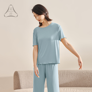 觅丝【裸感】天丝莫代尔睡衣女士薄款舒适短袖九分长裤家居服套装