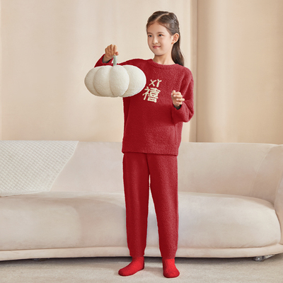 Agentmuse/觅丝儿童冬睡衣套装红色喜庆半边绒保暖家居服931DB