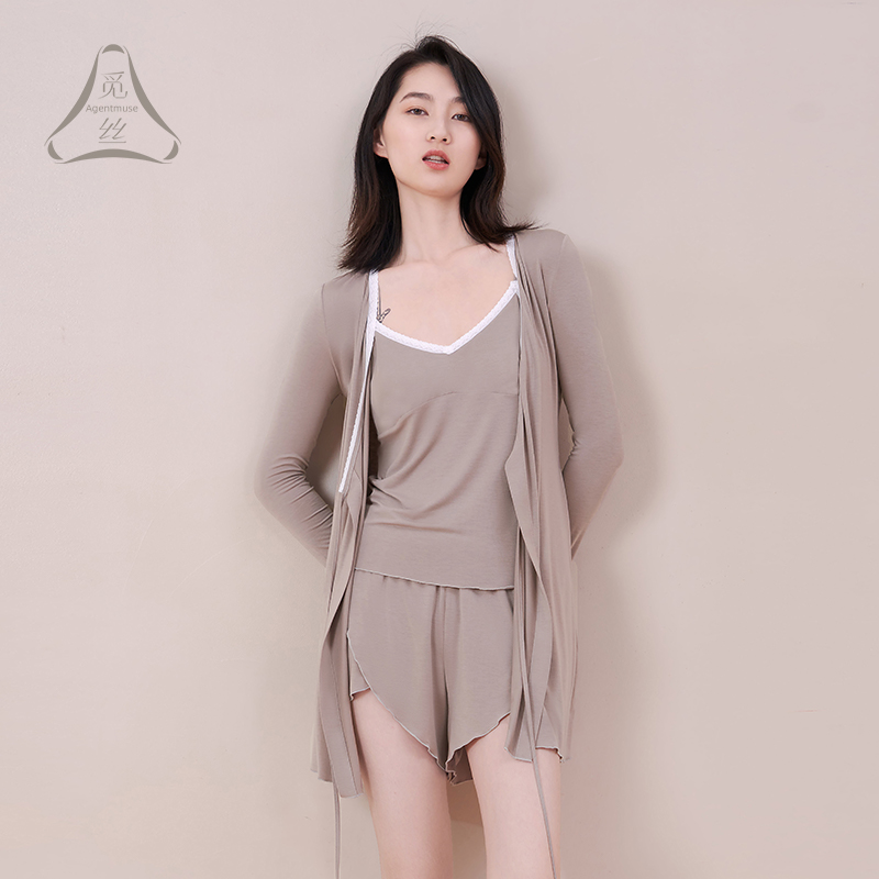 觅丝【裸感】睡衣女款2025新款带胸垫睡袍居服三件套