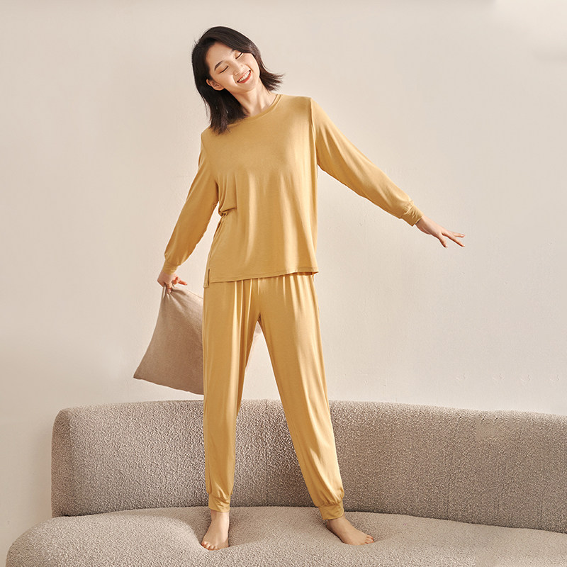 觅丝【裸感】莫代尔天丝睡衣女秋冬大码长袖情侣男士家居服套装