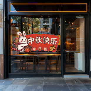 饰兔子静电贴画 中秋节活动贴纸橱窗玻璃门贴商场茶楼甜品点心店装