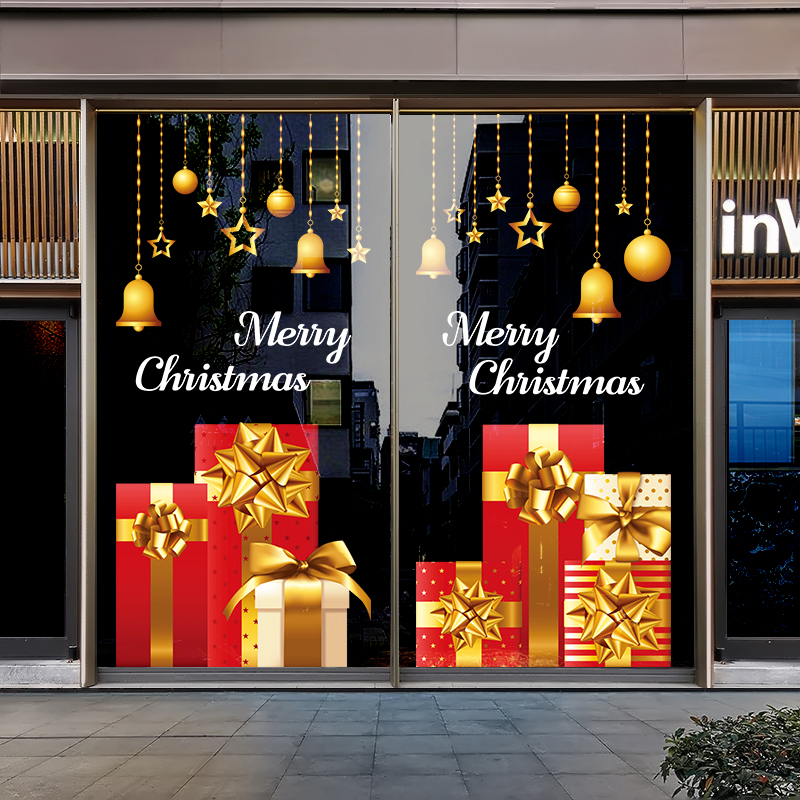 圣诞节装饰橱窗贴纸黄金店铺商场圣诞树装饰氛围布置玻璃门静电贴