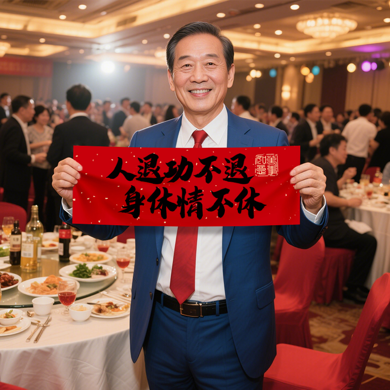 退休手持横幅挂布条幅拍照道具