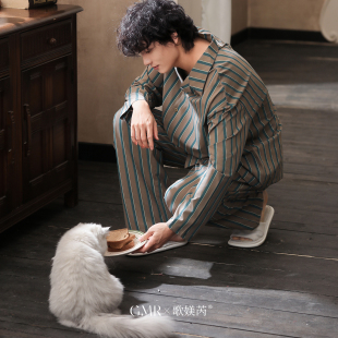 睡衣春秋季 中青年男式 纯棉开衫 长裤 秋冬家居服 条纹柔软棉长袖 男士