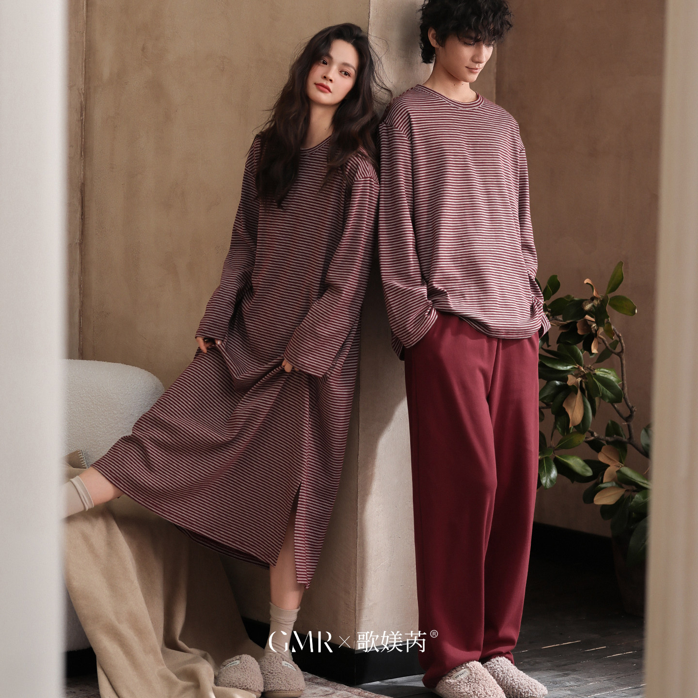 歌媄芮情侣睡衣春秋新款条纹睡裙女纯棉长袖家居服男士休闲两件套