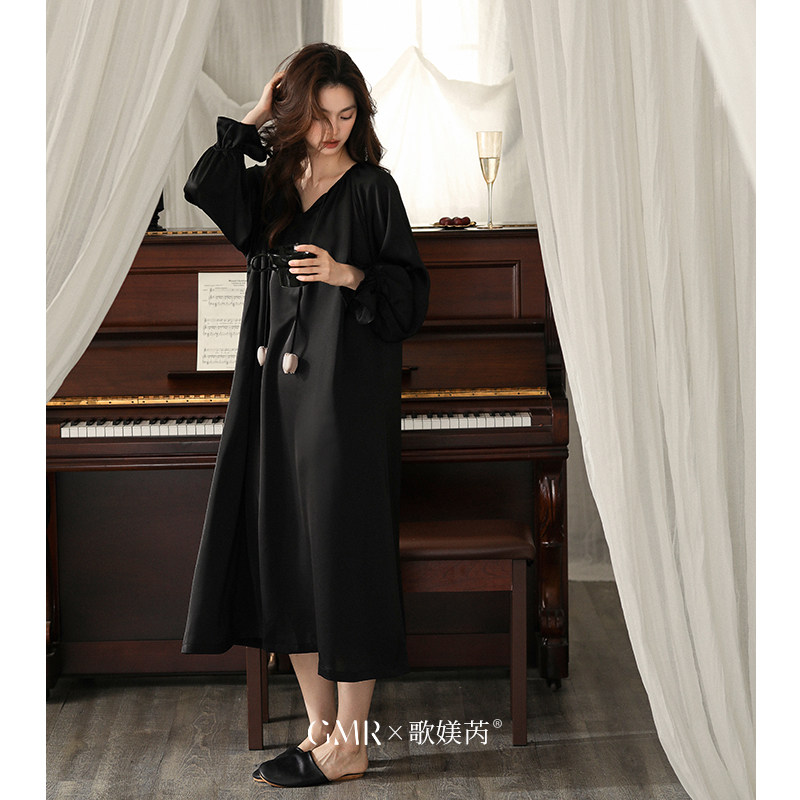 冰丝长袖睡裙女春夏薄款可外穿高级感甜美仿真丝凉感睡衣裙家居服