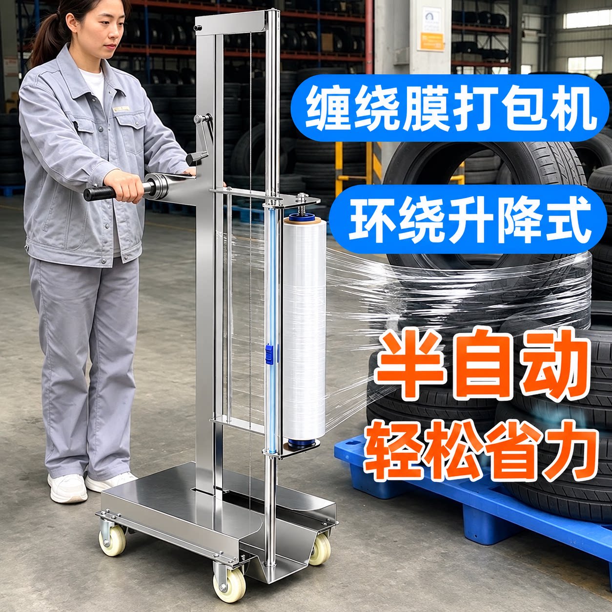 环绕式手动升降缠绕膜专用手柄打包机打包膜pe拉伸膜全自动工业用