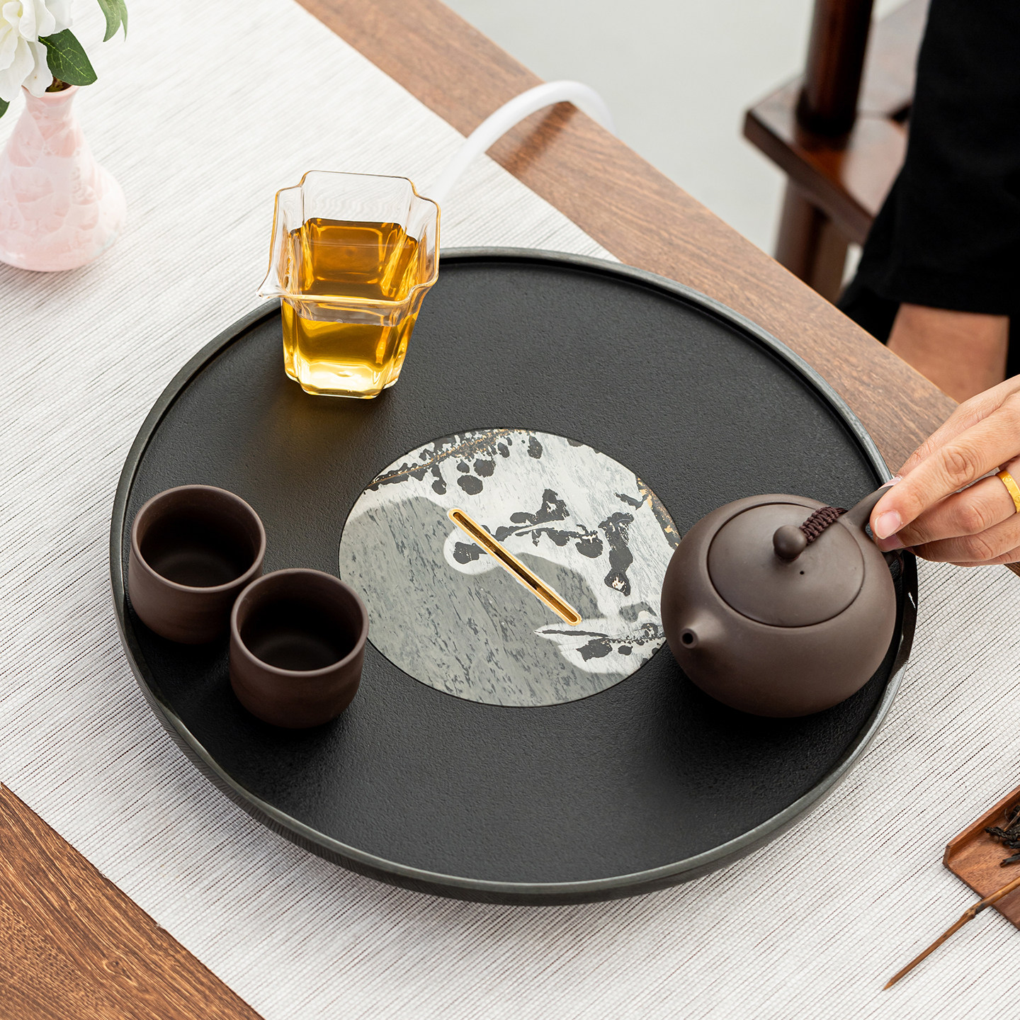 幸遇高端天然乌金石圆形干泡茶盘图片