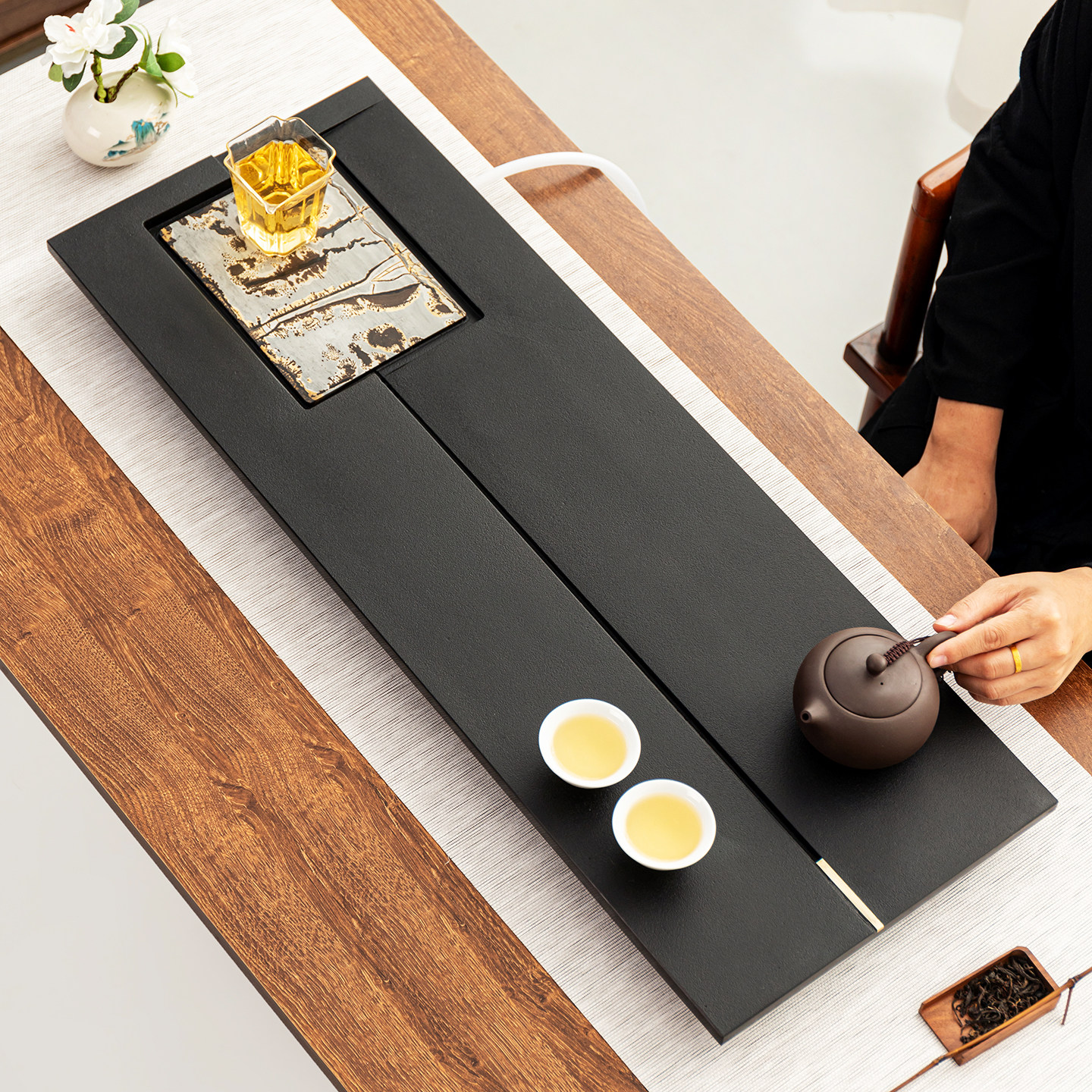 设计师中式天然轻奢国画石茶台家用客厅高档铜乌金石茶盘茶具托盘