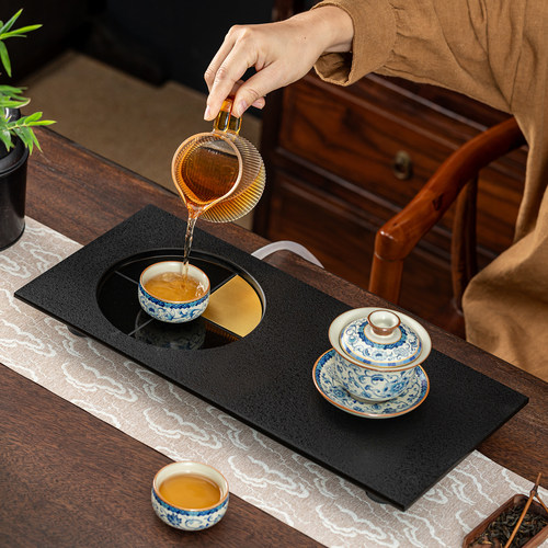 轻奢天然黑金石圆茶盘家用湿泡台